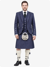 Man wearing a traditional Scottish kilt with a blue jacket and white socks on a white background