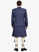 Person wearing a blue suit with a pleated kilt on a white background