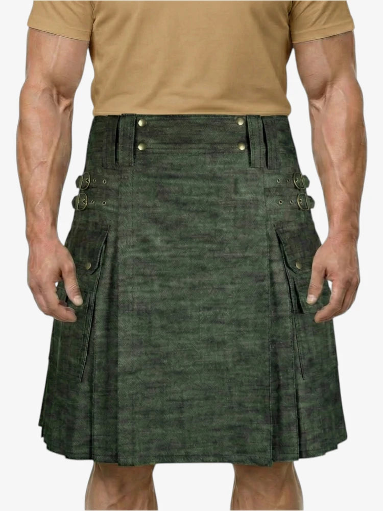 Dark Olive Denim Kilt with Cargo Pocket