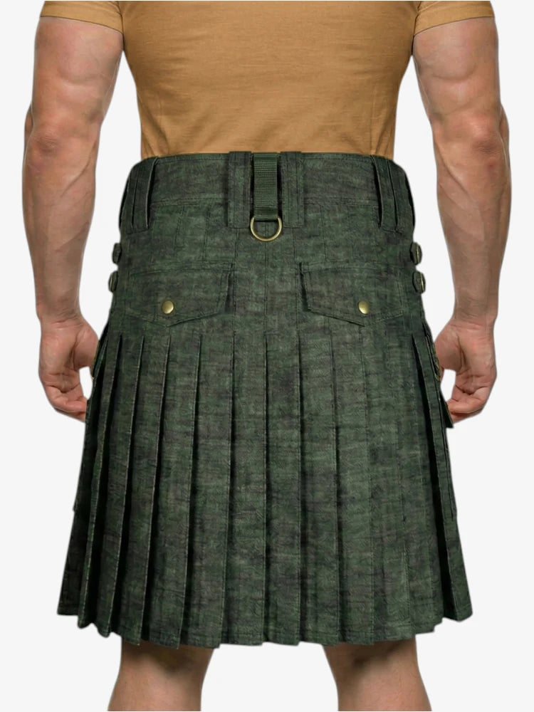 Green pleated kilt worn by a person on a white background