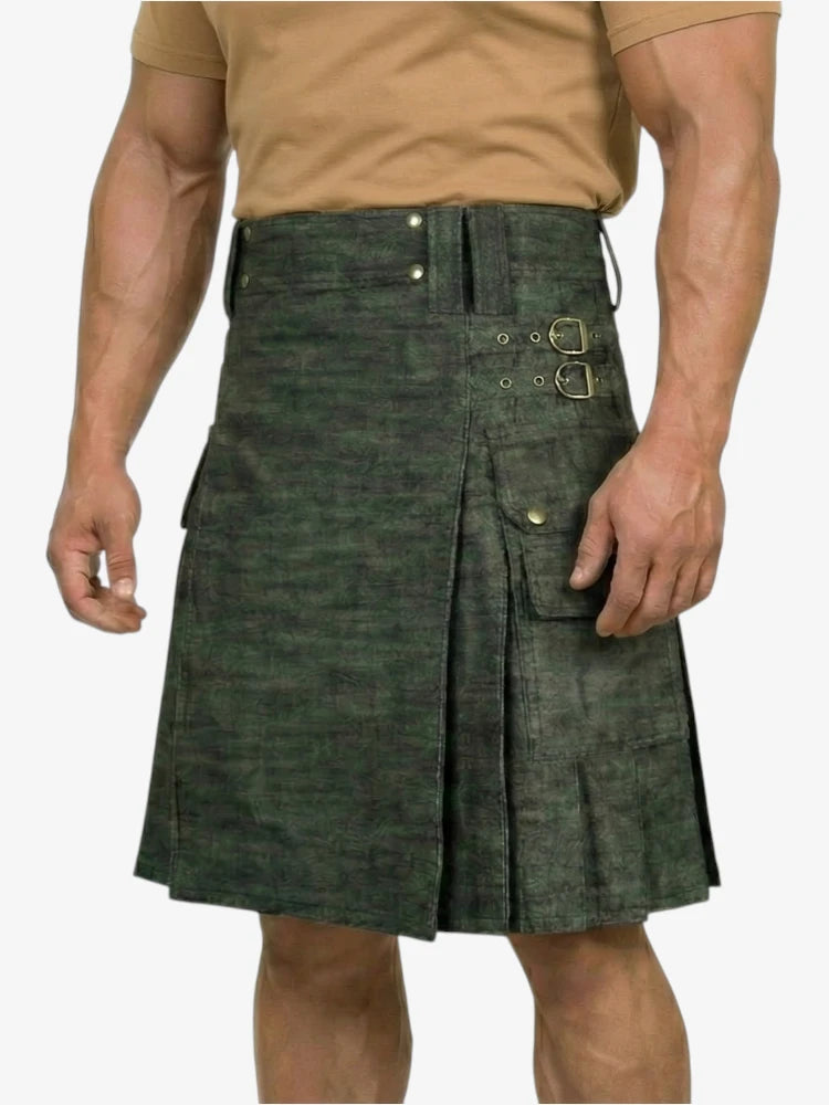 Green kilt worn by a person on a white background