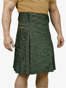 Green kilt worn by a person on a white background