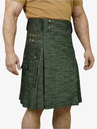 Green kilt worn by a person on a white background