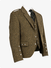 Brown tweed jacket with silver buttons on a white background