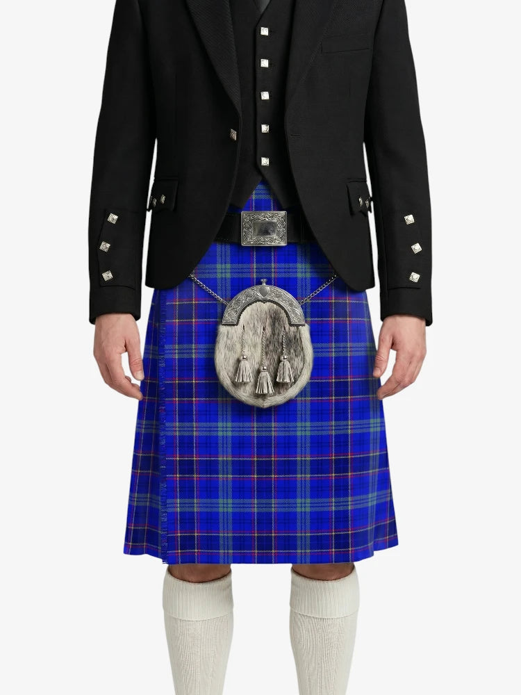 Person wearing a blue plaid kilt with a black jacket on a white background