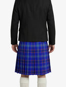 Person wearing a black jacket and blue plaid kilt on a white background