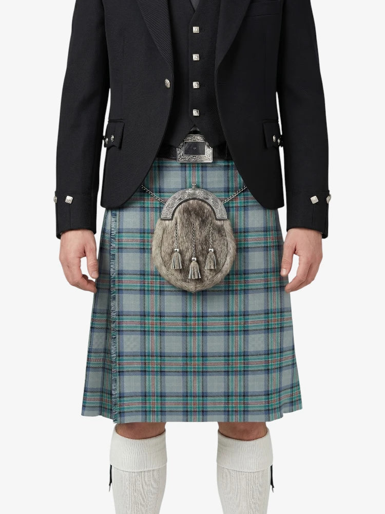 Person wearing a traditional Scottish kilt with a tartan pattern on a white background