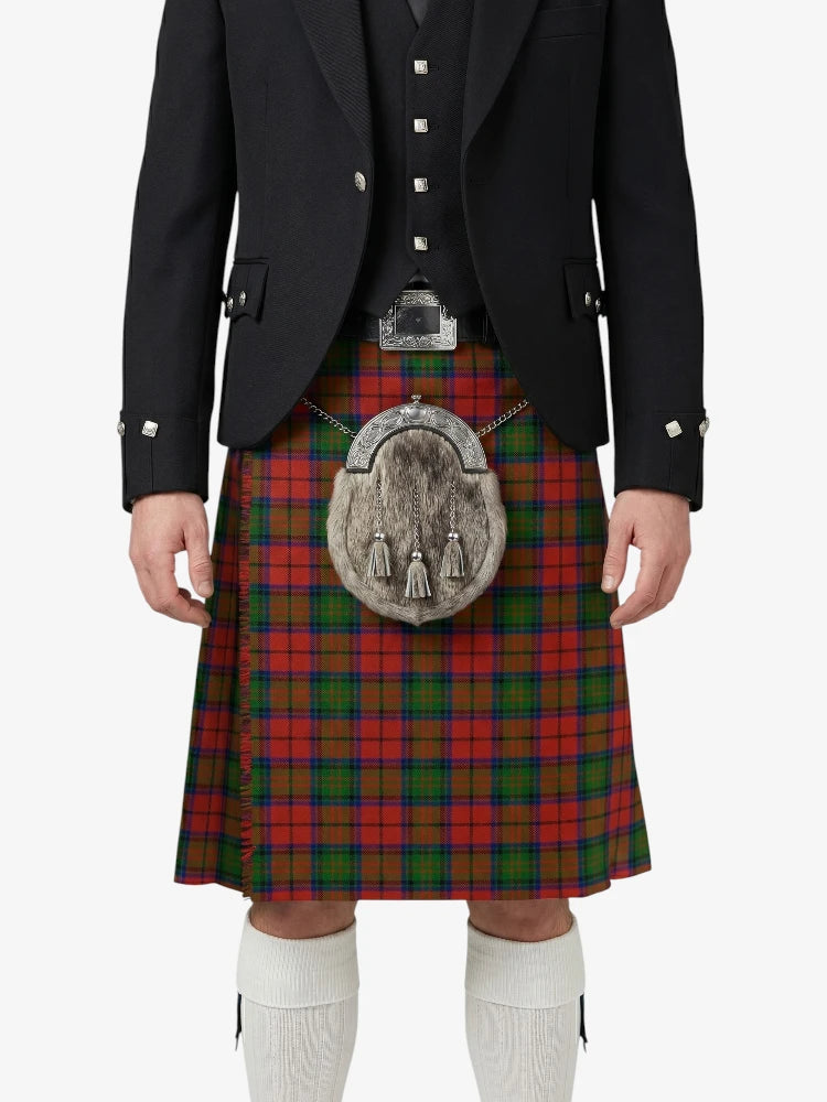Person wearing a traditional Scottish kilt with a tartan pattern on a white background