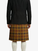Person wearing a black coat and plaid kilt on a white background