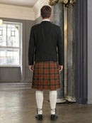 Person wearing a black jacket and red plaid kilt in an indoor setting