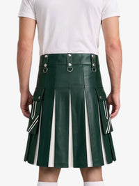 A dark green faux-leather kilt with white vertical pleats and silver hardware, modeled from the back against a white background.