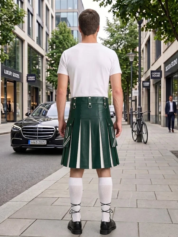 A man standing on a city sidewalk, photographed from behind, wearing a dark green leather kilt with white vertical stripes, a white t-shirt, white knee-high socks, and black shoes. Storefronts, trees, and a parked black car are visible in the background.