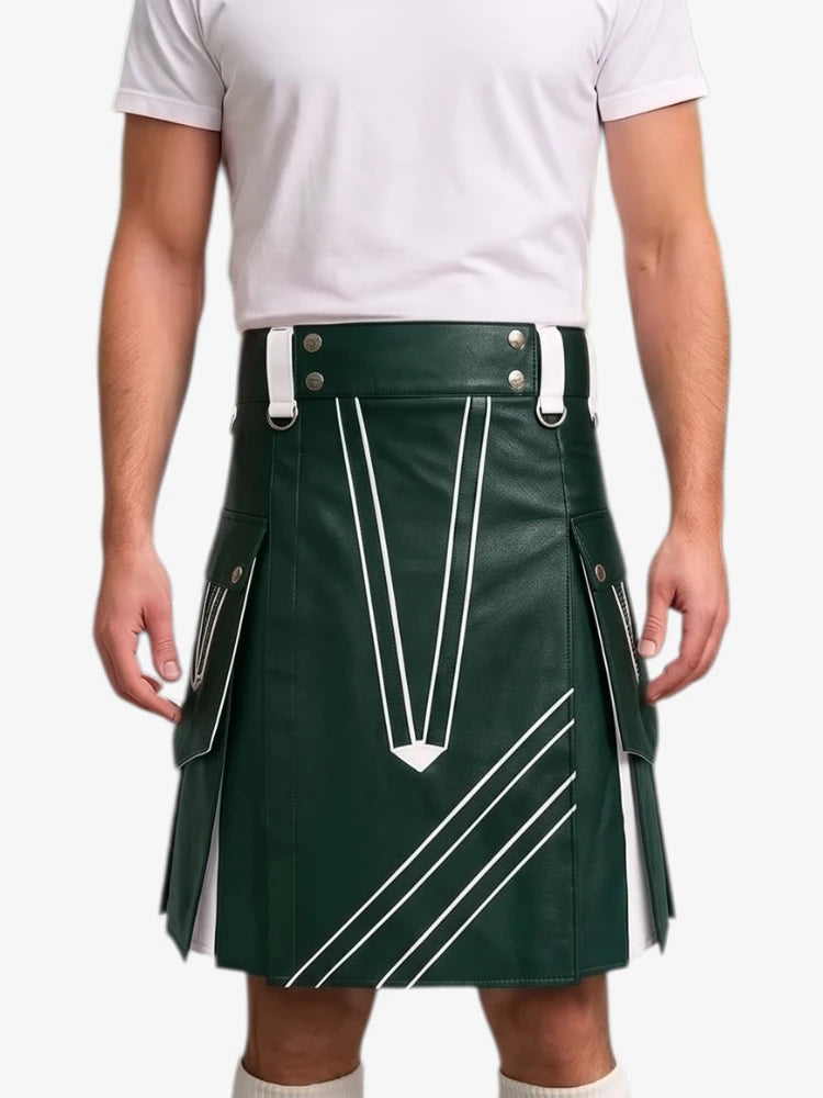 A dark green faux-leather kilt with white contrast stitching and silver hardware, modeled with a white t-shirt against a light gray background.