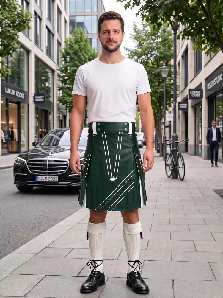 A man stands on a city sidewalk wearing a dark green kilt with white geometric stripe details, a white t-shirt, white knee-high socks, and black leather shoes. The background shows a blurred urban street scene with buildings, a parked black car, and a bicycle.