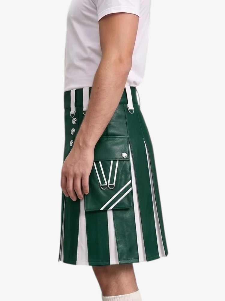 A person wearing a dark green and white vertically striped leather kilt with white drawstrings and silver hardware, paired with a white t-shirt, shown from the side against a light gray background.