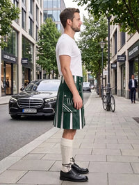 A man standing on a city sidewalk wearing a white short-sleeve t-shirt and a green kilt with white vertical stripes, paired with cream knee-high socks and black leather shoes. A black Mercedes-Benz car and a bicycle are visible in the background of the urban street scene.