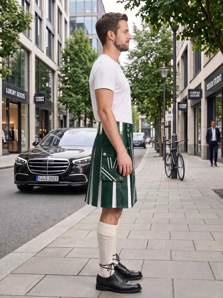 A man standing on a city sidewalk wearing a white short-sleeve t-shirt and a green kilt with white vertical stripes, paired with cream knee-high socks and black leather shoes. A black Mercedes-Benz car and a bicycle are visible in the background of the urban street scene.