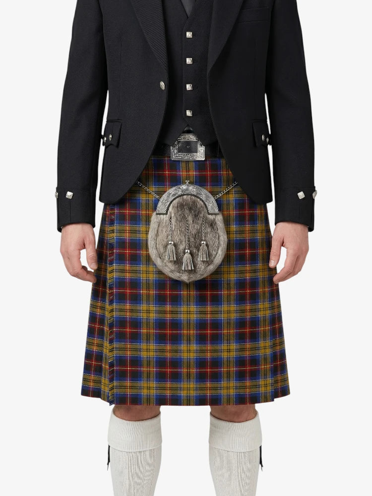 Person wearing a traditional Scottish kilt with a plaid pattern on a white background