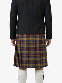 Person wearing a black jacket and plaid skirt on a white background