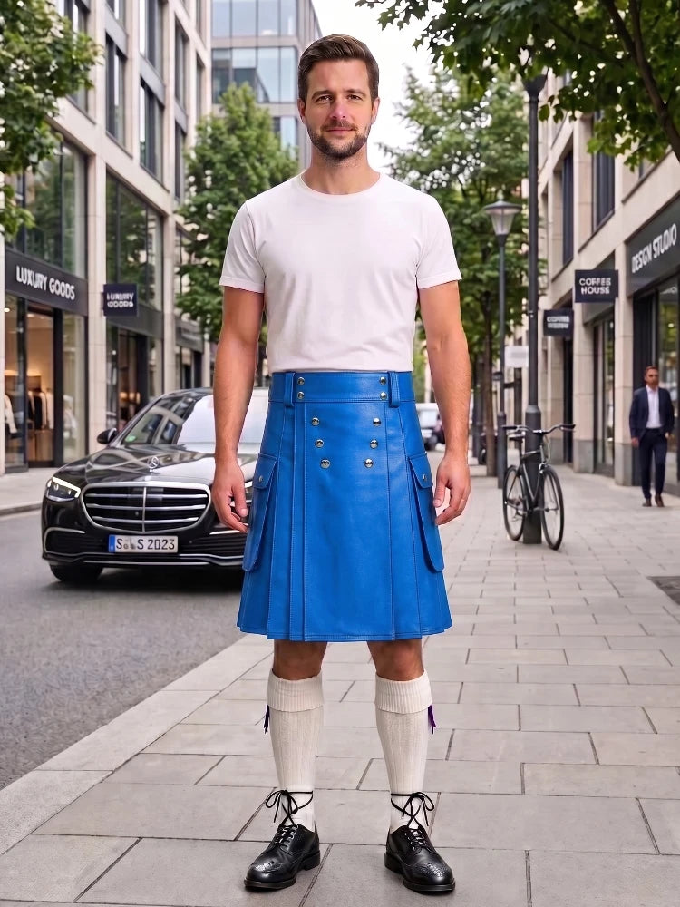 A man standing on a city sidewalk wearing a bright blue leather kilt, a white t-shirt, white knee-high socks, and black leather shoes. The background shows a street with buildings, a black Mercedes-Benz car, and a bicycle.