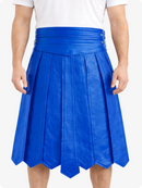 Electric Blue pleated skirt worn by a person on a white background