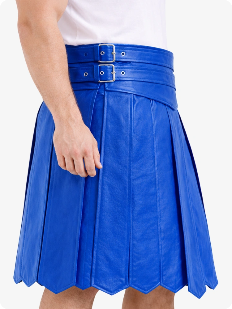 Electric Blue Leather Highland Kilt Adjustable Buckle Waist & Classic Pleats