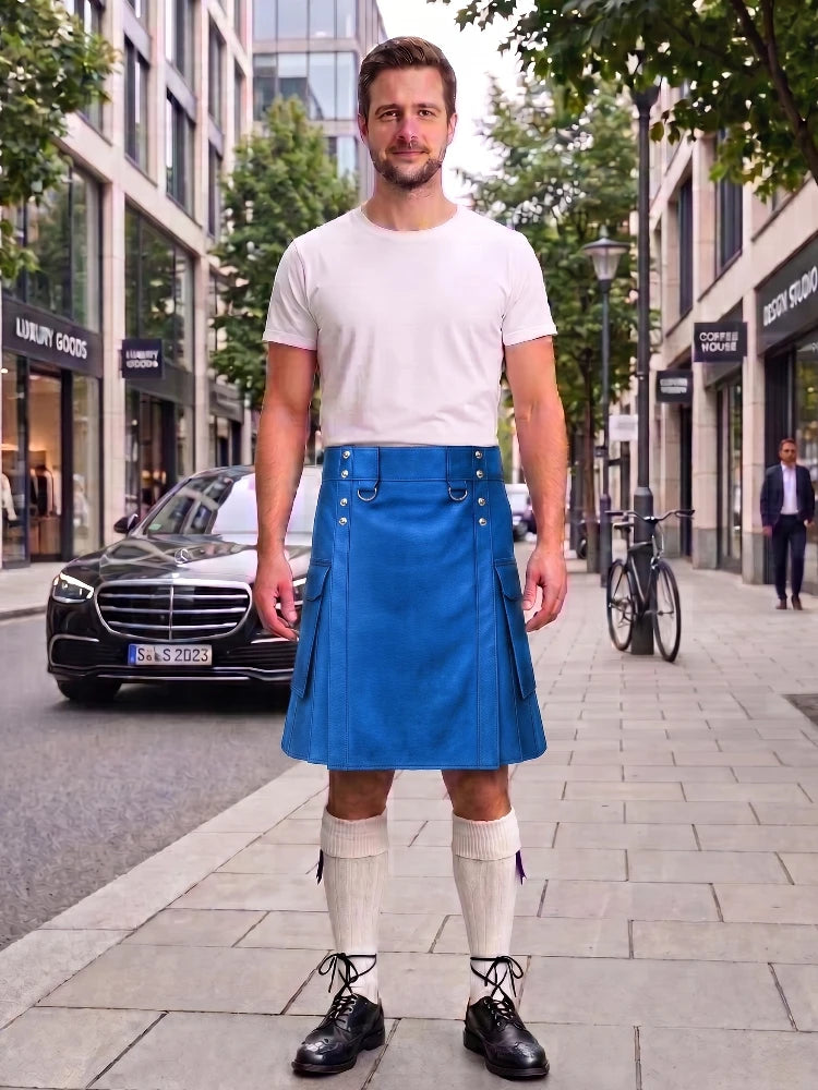 Electric Blue Leather Kilt For Men Tactical Utility Kilts
