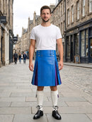 Electric Blue Leather Kilt With Purple Pleats Front Side