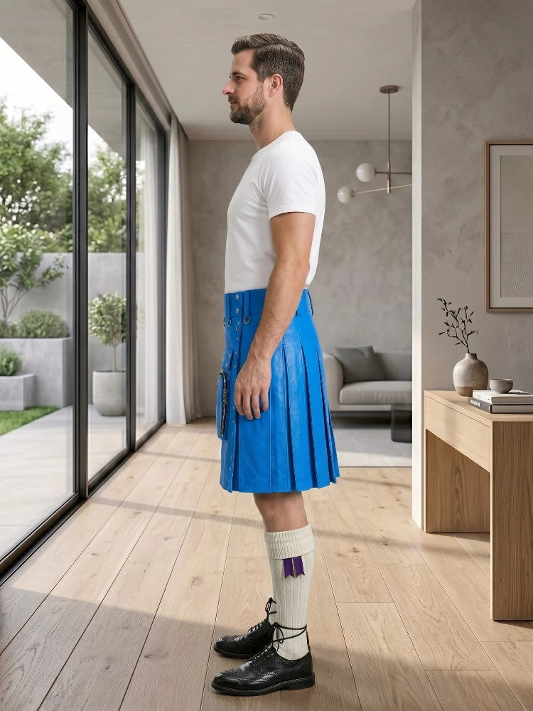 Electric Blue Leather Utility Kilt Left Side