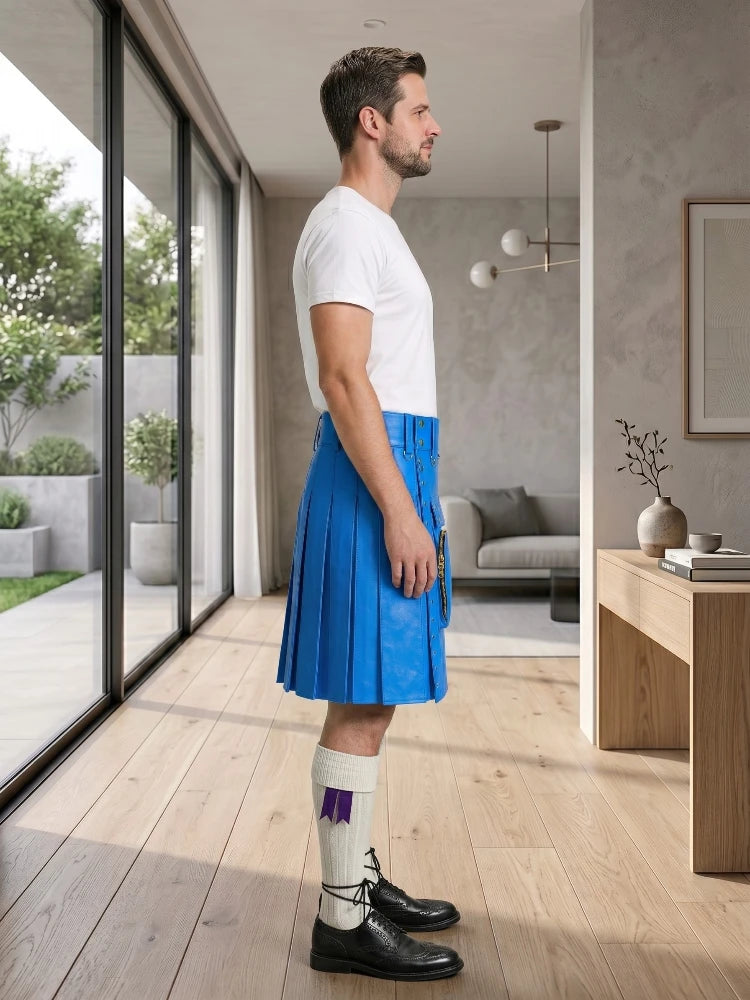 Electric Blue Leather Utility Kilt Right Side
