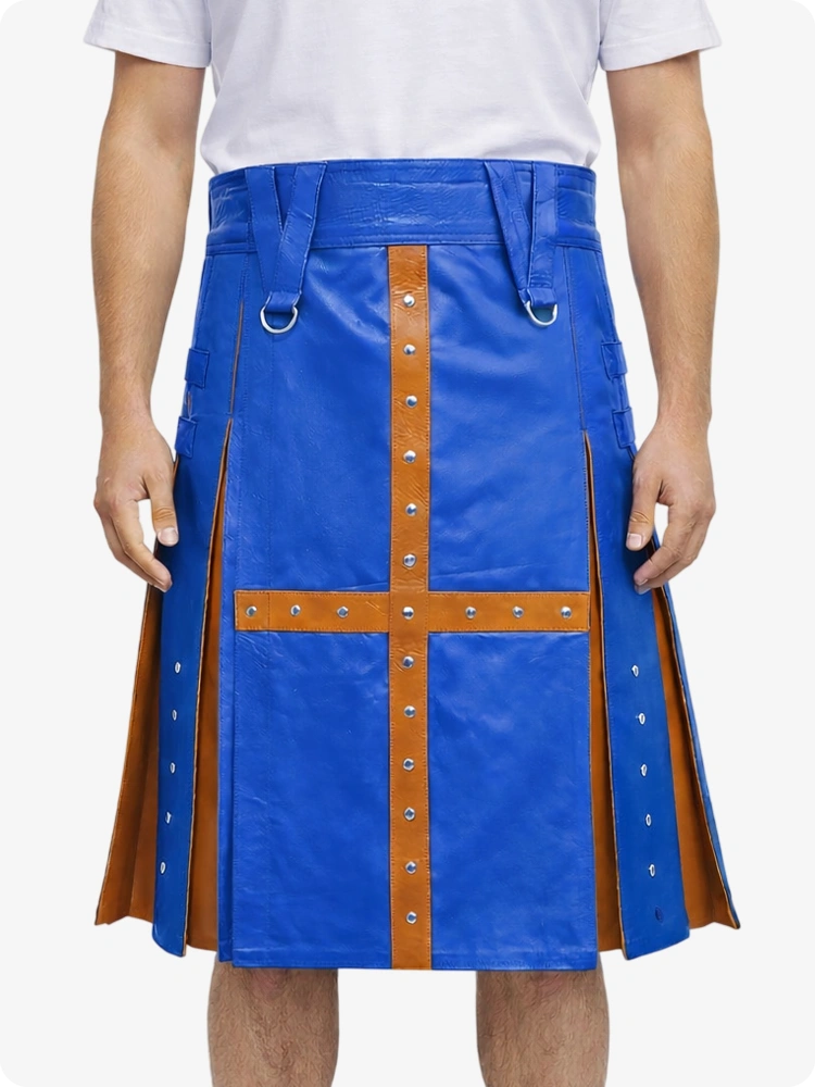 Electric Blue Leather Utility Kilt with Brown Cross Panel & Metal Rivet Detailing