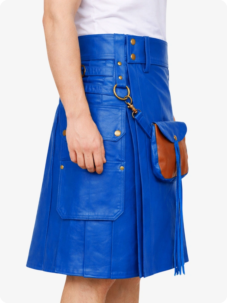 Electric Blue Leather Utility Kilt with Front Sporran