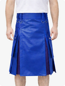 Electric Blue Leather Utility Kilt with Purple Pleats, Side Pockets & D-Ring Hardware