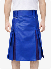 Electric Blue Leather Utility Kilt with Purple Pleats, Side Pockets & D-Ring Hardware