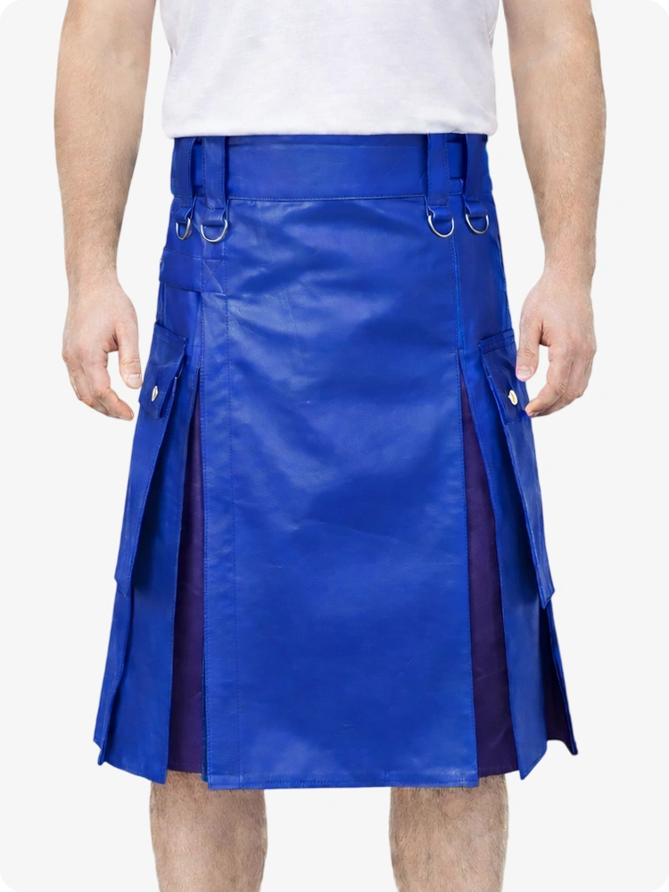 Electric Blue Leather Utility Kilt with Purple Pleats, Side Pockets & D-Ring Hardware