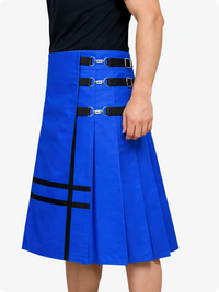 Electric Blue kilt with black straps on a white background