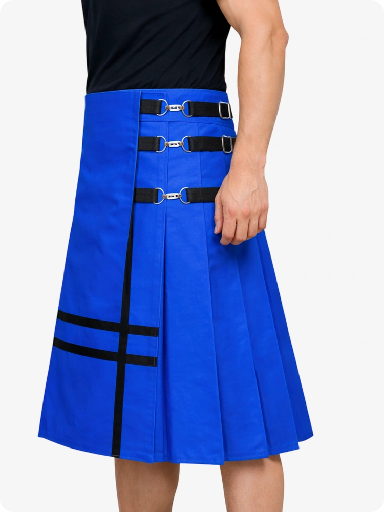 Electric Blue kilt with black straps on a white background