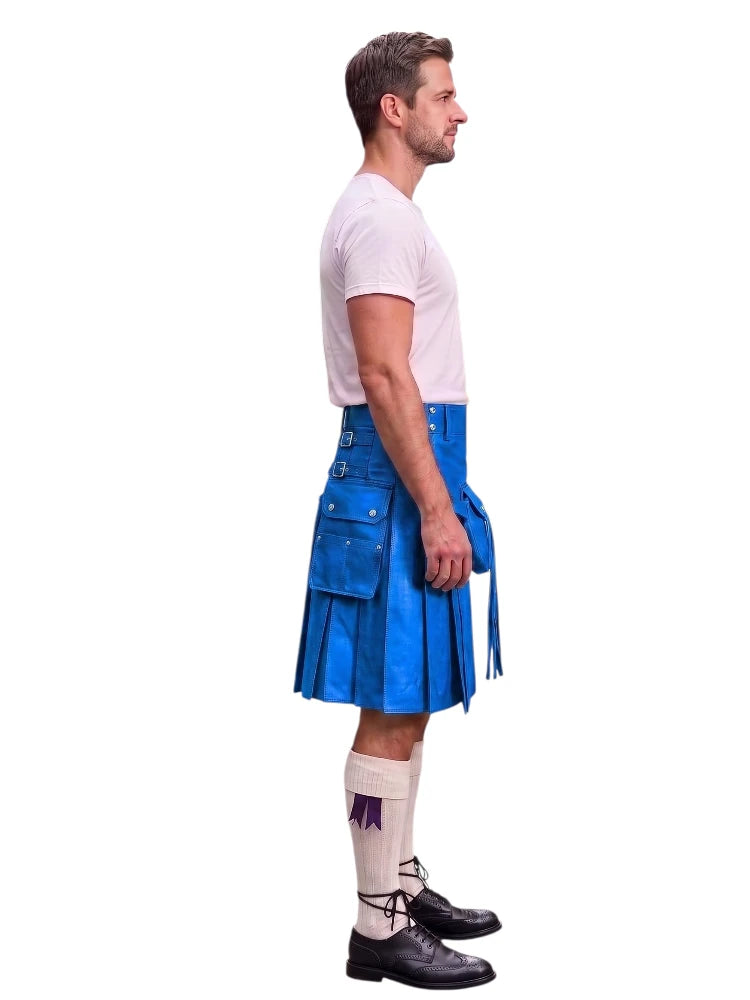 A man shown in profile wearing a bright blue leather kilt, a white t-shirt, white knee-high socks, and black leather shoes, set against a solid white background.
