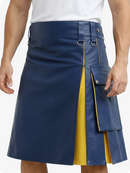 Person wearing a blue and yellow kilt on a white background