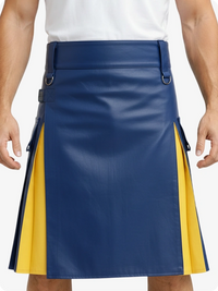 Person wearing a blue and yellow kilt on a white background