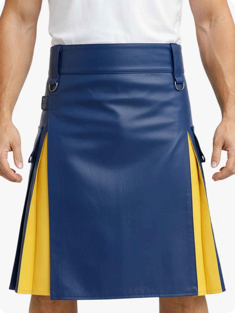 Person wearing a blue and yellow kilt on a white background