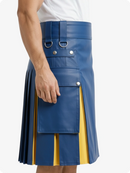 Blue and yellow pleated skirt worn by a person on a white background