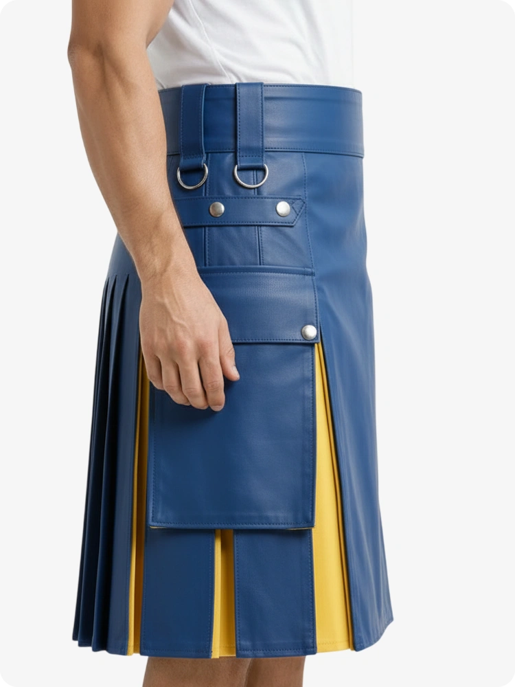 Blue and yellow pleated skirt worn by a person on a white background
