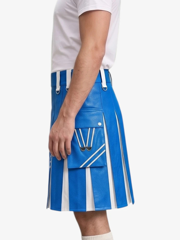 Electric Blue and White Leather Hybrid Utility Kilt