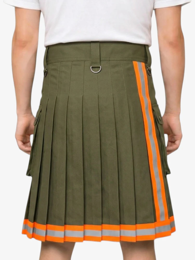 Green pleated skirt with orange accents on a white background