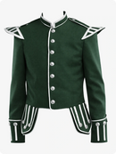 Green military-style jacket with white accents on a white background