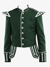 Green military-style jacket with white accents on a white background