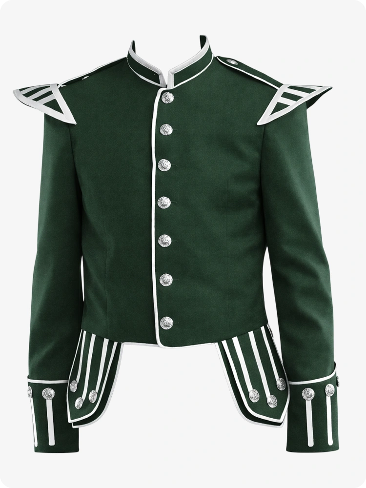 Green military-style jacket with white accents on a white background