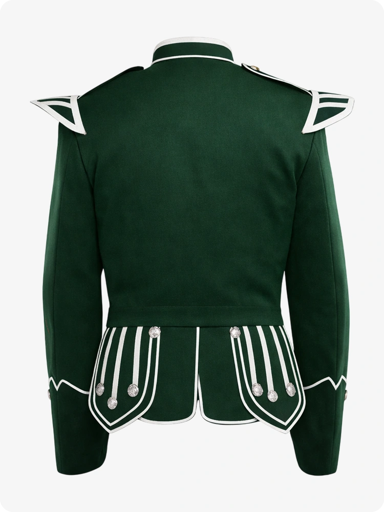 Green military-style jacket with white accents on a white background