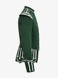 Green military-style jacket with white accents on a white background